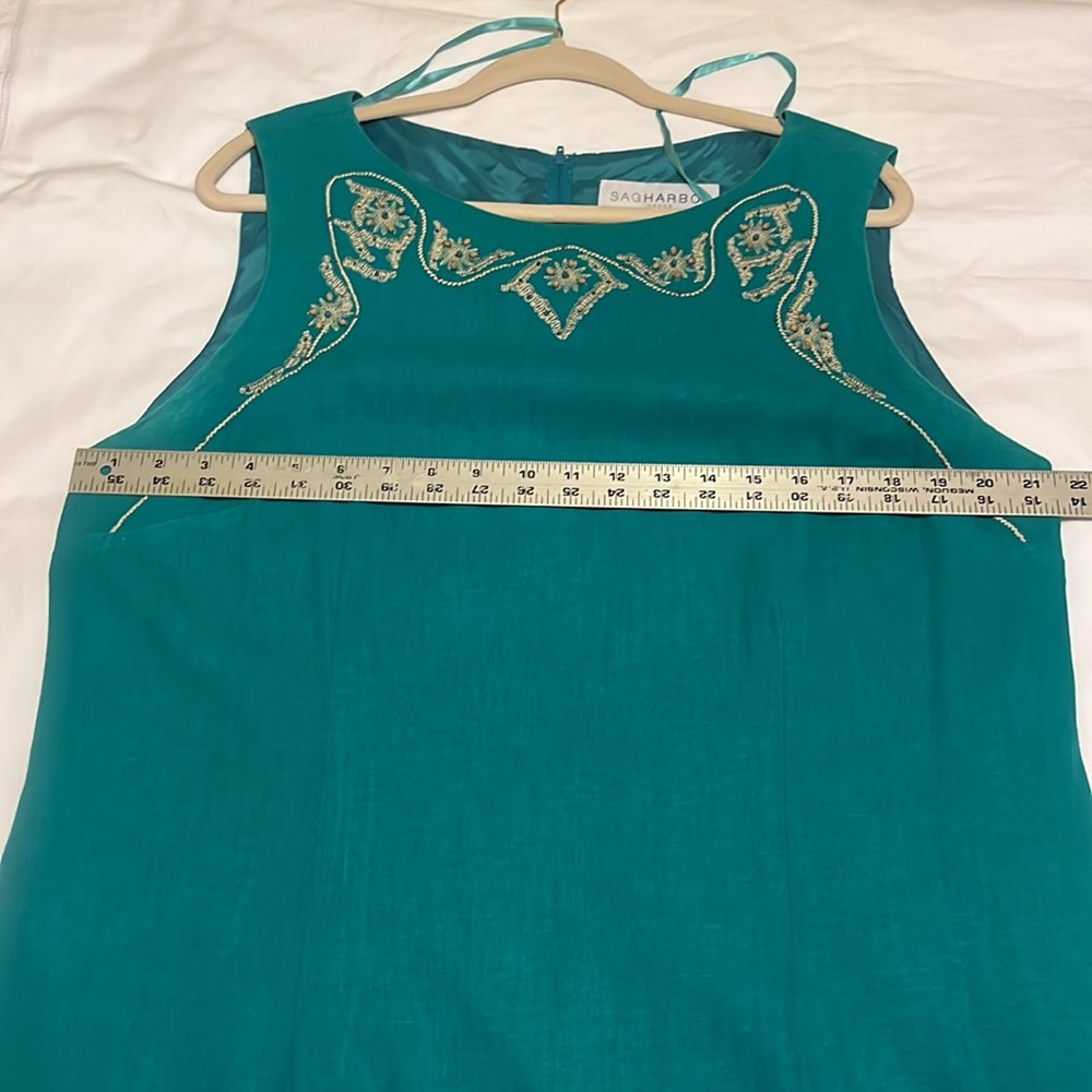 Sag Harbor  Linen Embroidered Teal Green Dress - Picture 7 of 8